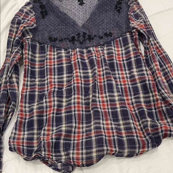 Free People Floral Lace Insert Plaid Cotton Top Long Sleeve Women's Size S - Picture 6 of 6